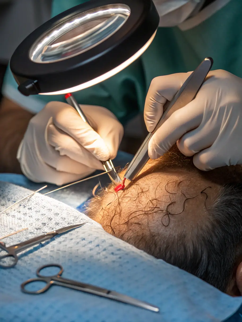 A close-up shot of a patient undergoing the FUE hair transplantation procedure at Biberie, showcasing the precision and care involved.