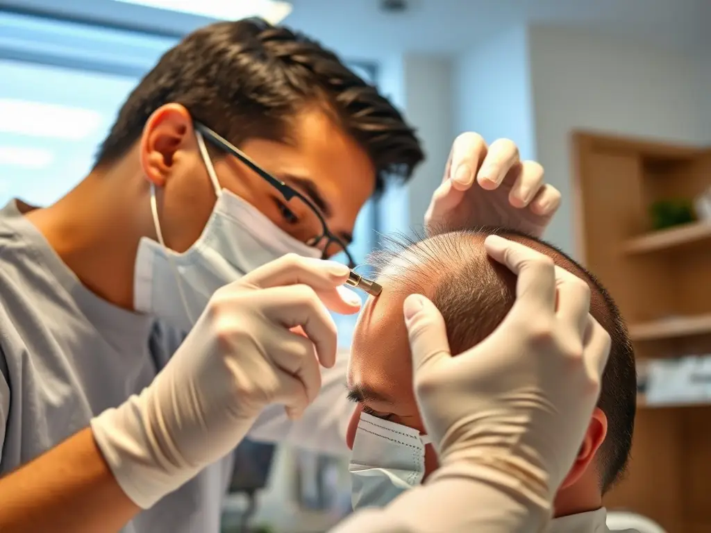 A close-up shot of a patient's scalp showing newly transplanted hair follicles, highlighting the precision and artistry of the FUE technique used at Biberie.