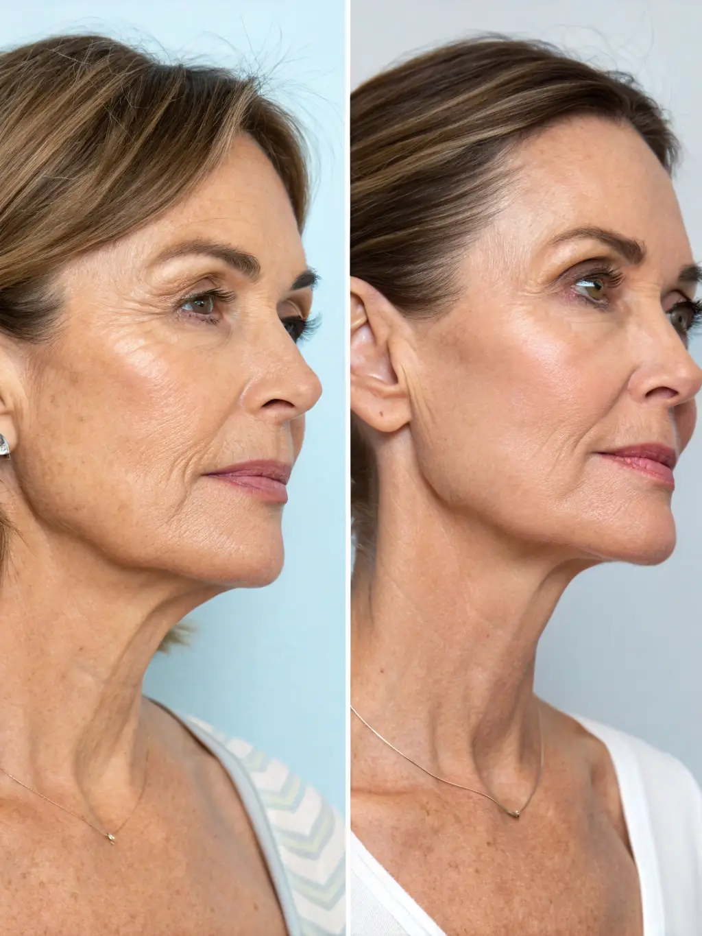 A before-and-after photo demonstrating a facelift procedure at Biberie, showing the reduction of wrinkles and a more youthful appearance.