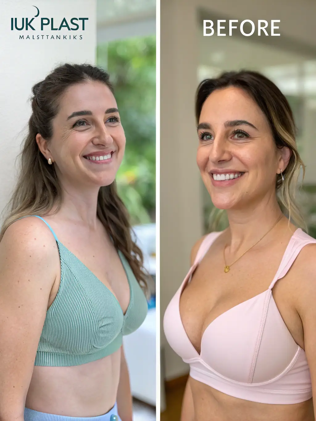 A before-and-after photo demonstrating a breast augmentation procedure at Biberie, showing the enhanced breast volume and improved body contour.