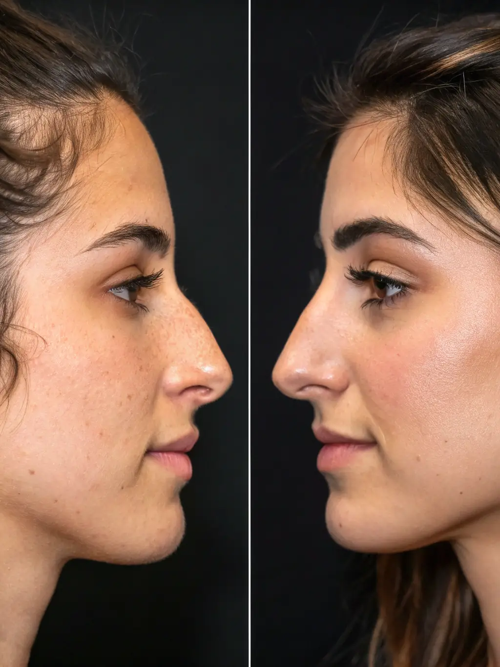 A before-and-after photo showcasing a rhinoplasty procedure at Biberie, highlighting the improved nasal symmetry and overall facial harmony.